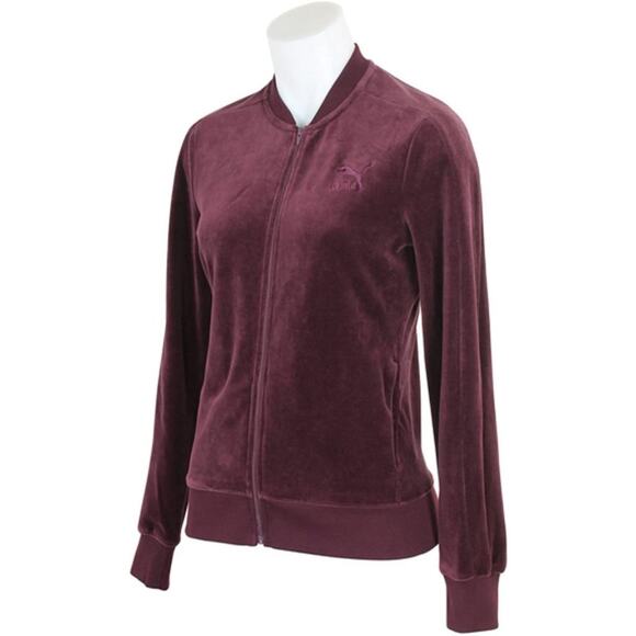 Puma Velour Track Jacket Women M Burgundy Full Zip Long Sleeve Pockets Cozy - Picture 1 of 8